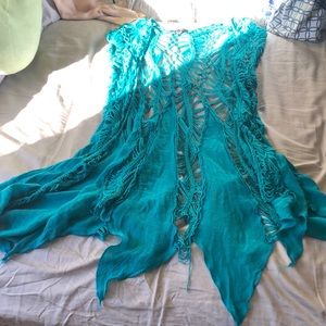 Turquoise Blue Crochet Sleeveless Cardigan